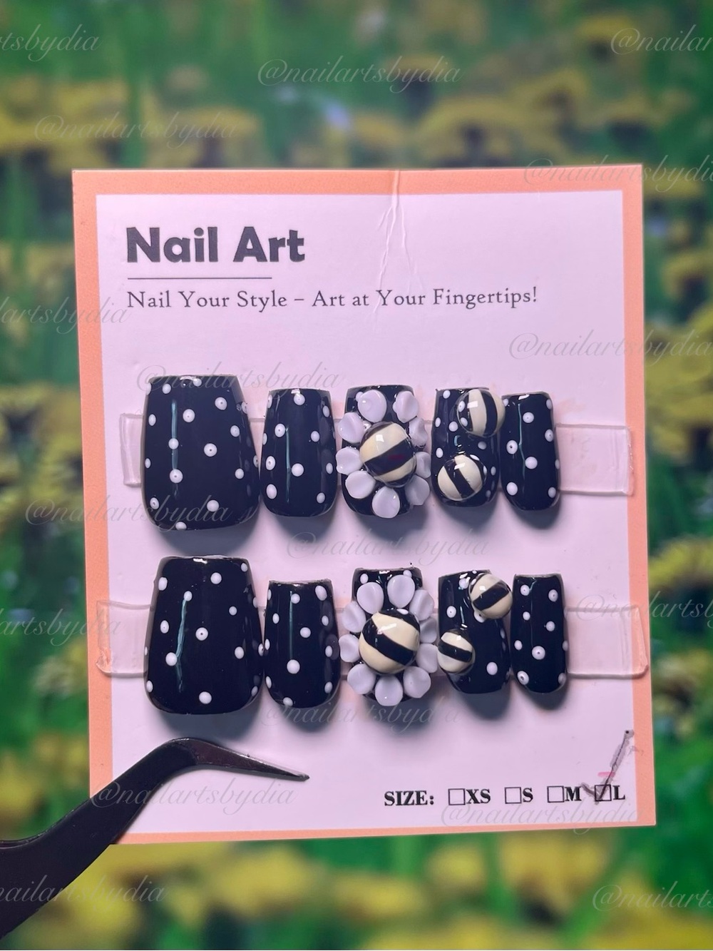 Acrylic Press-On Nails – Black Polka Dot with Bees Flower Accent